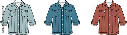 Three different colored button-down shirts presented in a flat lay style, showcasing fabric texture and design details