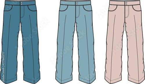 Vector illustration set of wide-leg or flared jeans in various colors. Technical fashion flat sketch for apparel and clothing design concepts
