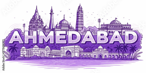 Ahmedabad Skyline Sketch with Sabarmati Riverfront, Sidi Saiyyed Mosque, Adalaj Stepwell and Cultural Landmarks for Tourism Art and Travel Poster Usecase | India City Skyline Illustration
