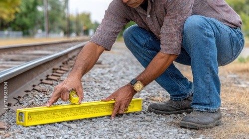 Man Using Level Tool to Measure Alignment Along Railway Track on a Sunny Day in an Outdoor Setting
