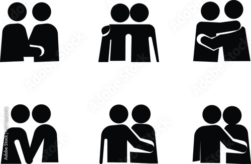 Hug icon set, friendship, love, care, and emotional connection symbols showing people embracing, compassion unity affection relationships and kindness for relationship and support design badge, symbol
