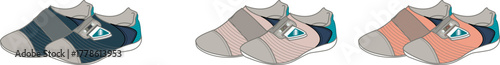 A colorful collection of illustrated no-show ankle socks with striped patterns, featuring multiple color variations for casual and athletic wear