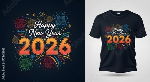 Happy New Year 2026 T-Shirt – Colorful Fireworks, Party & Festive Celebration