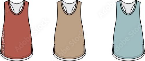 Women's activewear racerback tank top vector illustration set. Technical fashion flat sketch template for clothing and garment design