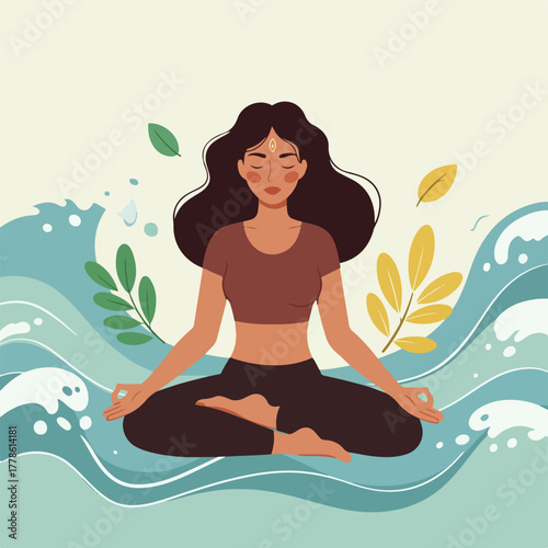 Illustration depicts a woman in lotus position amid stylized waves foliage