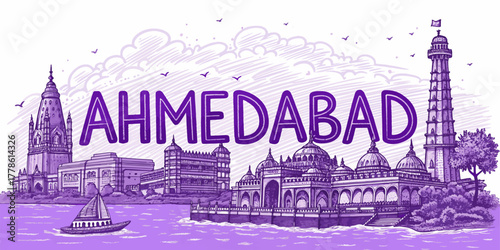 Ahmedabad Skyline Sketch with Sabarmati Riverfront, Sidi Saiyyed Mosque, Adalaj Stepwell and Cultural Landmarks for Tourism Art and Travel Poster Usecase | India City Skyline Illustration