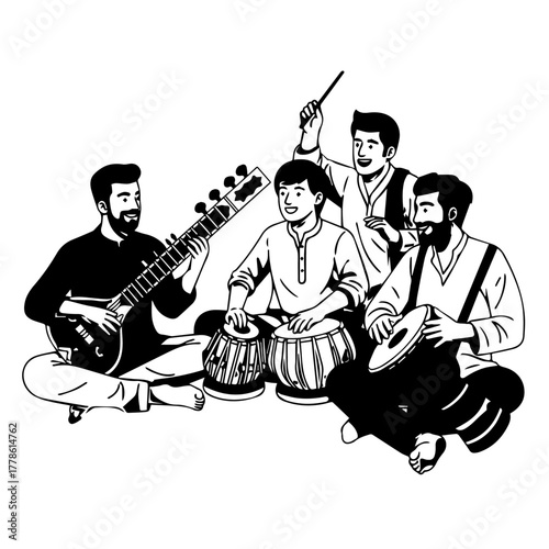 Indian musical ensemble A vector illustration of traditional musicians playing sitar, tabla, and percussion instruments