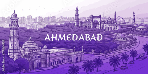 Ahmedabad Skyline Sketch with Sabarmati Riverfront, Sidi Saiyyed Mosque, Adalaj Stepwell and Cultural Landmarks for Tourism Art and Travel Poster Usecase | India City Skyline Illustration