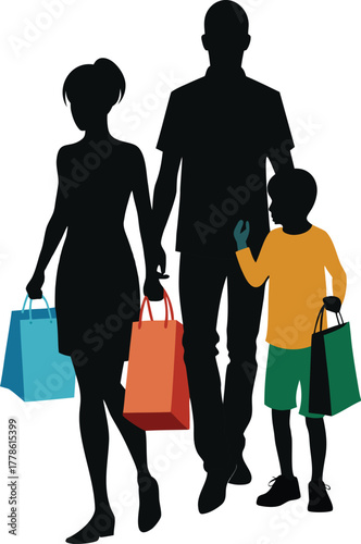 Family shopping together holding bags silhouette.