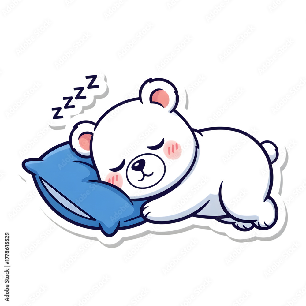 Fototapeta premium Cute black bear sleeping on a blue pillow isolated on transparent background