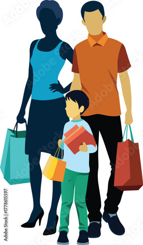 Family shopping together holding bags silhouette vector.