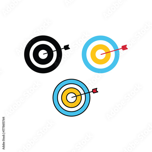 Flat and line vector icons of bullseye with arrow symbolizing business goals, achievement, precision, and success. Perfect for marketing, planning, leadership, strategy design or infographic projects.