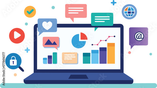 High-resolution laptop with social media dashboard icon vector.