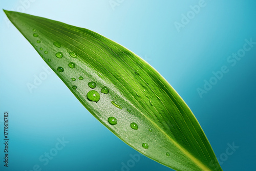 Macro Image of a Green Leaf with Water Droplets Highlighting Nature’s Purity and Sustainability for Educational and Inspirational Environmental Campaigns

