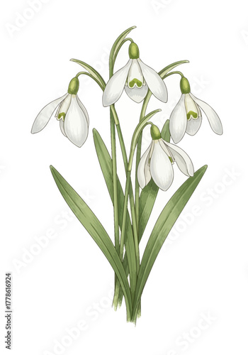 Vintage Botanical Snowdrop Flower Sketch Illustration