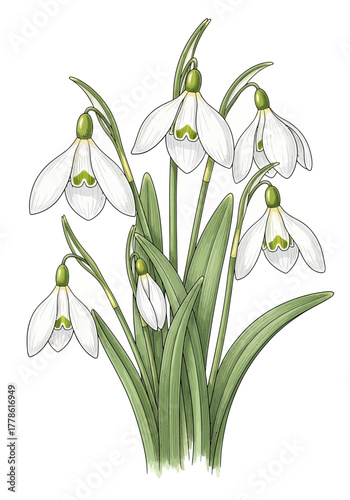 Vintage Botanical Snowdrop Flower Sketch Illustration