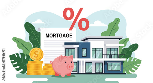 Home Mortgage Rate Concept Piggy Bank, House, and Percentage Illustration
