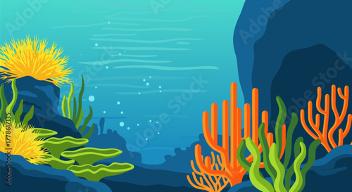 Colorful cartoon underwater world with vibrant coral reefs and seaweed. A beautiful marine landscape vector illustration, deep ocean floor scene for design background