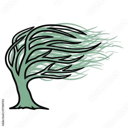 Illustration of a tree bent by strong winds, symbolizing resilience and adaptation to environmental challenges