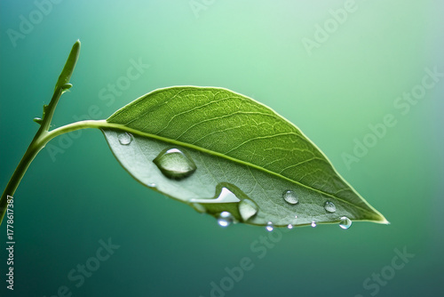 Close-Up Image of a Vibrant Green Leaf with Dew Drops Representing Purity, Growth, and Eco-Friendly Concepts for Educational and Creative Design Campaigns
