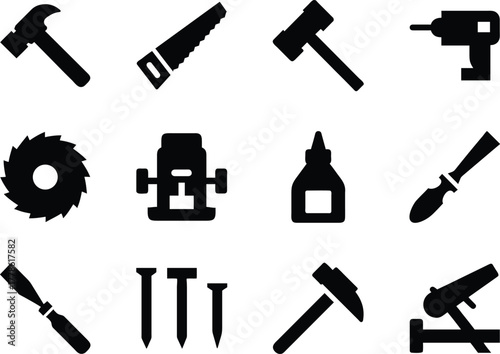 Minimal carpentry tool icon set in bold line silhouette style. Clean vector for woodworking.