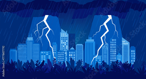 Urban cityscape silhouette against a dark, rainy night sky illuminated by powerful lightning strikes during a severe weather event. e