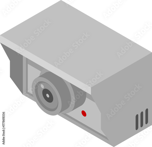 Isometric vector illustration of a surveillance security camera with a red indicator light on its casing