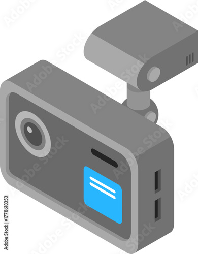 Isometric dashcam vector icon for car safety and vehicle surveillance. Modern digital video recorder graphic illustration