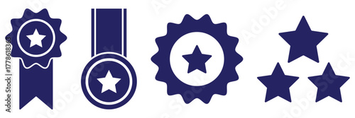 Set of three badge icon ribbons golden, yellow, and star with labels for recognition and achievement outline vector. Collection of award badges shields ribbons and symbols for recognition achievement 