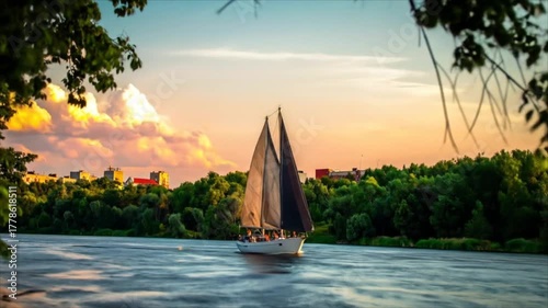 Serene Sunset Sailboat Cruise on River, City Skyline View
