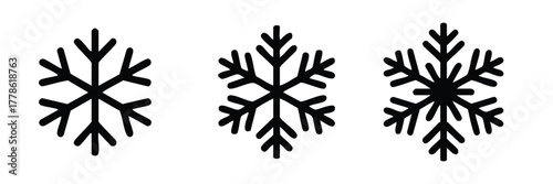 Set of Three Snowflake Icons, Freezing or Cold Temperature Symbols, Simple Outline Snowflake Collection, 