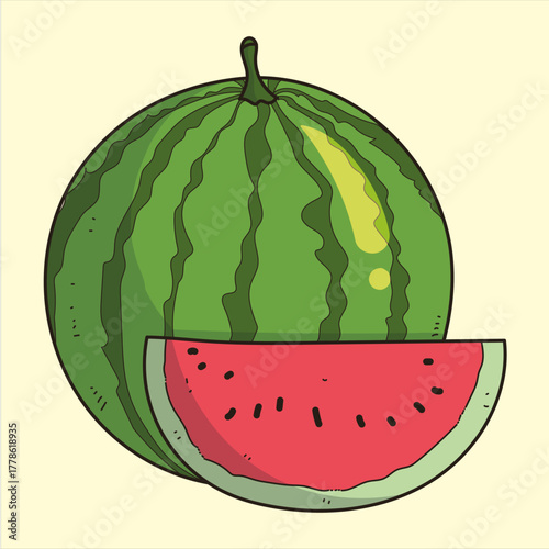 Fresh watermelon with a slice cut out displaying its juicy red flesh and black seeds against a light background perfect for summer themes and healthy eating concepts
