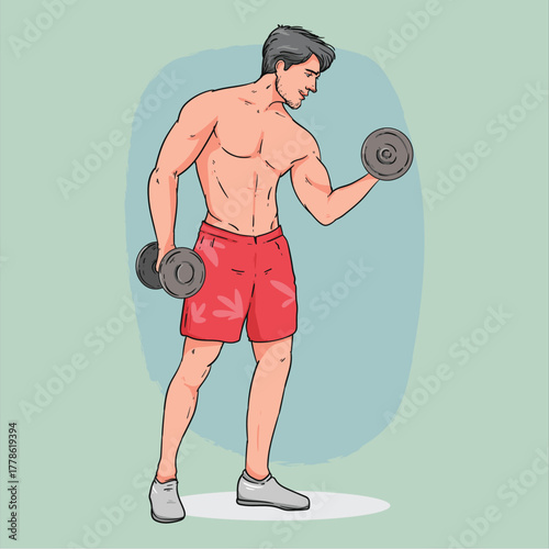Muscular man lifting dumbbells in red shorts against a light blue background showcasing strength and fitness with a determined expression during a workout routine