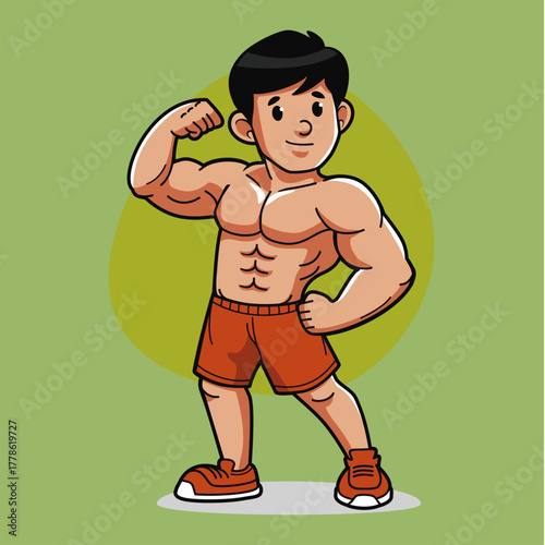 Cartoon bodybuilder flexing his muscles in orange shorts against a green background showing strength and fitness with a confident expression and healthy physique for exercise motivation