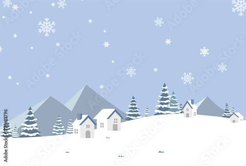 Peaceful Winter Village Landscape with Falling Snow