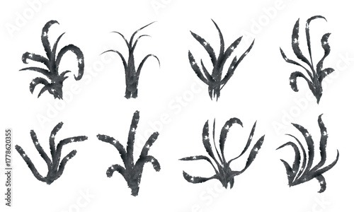 Collection of Stylized Dark Organic Plant Shapes — Abstract Botanical Elements with Rough Textured Ink Design