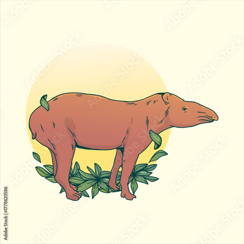 Illustrated tapir standing amidst lush green foliage against a soft yellow backdrop creating a serene and whimsical nature scene perfect for educational materials or children's books