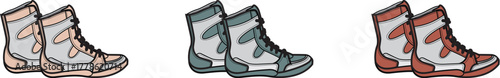 Stylish wrestling shoes in various color schemes orange, gray, and beige variations - illustration