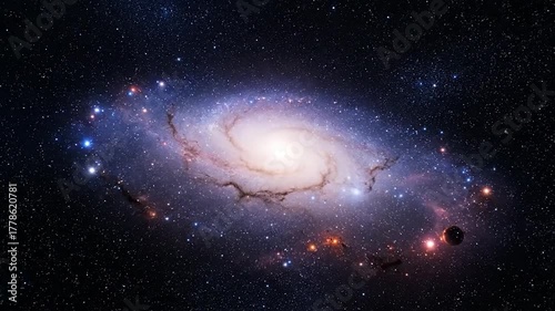 A spiral galaxy swirls in the cosmos, surrounded by stars and nebulae. A celestial scene
