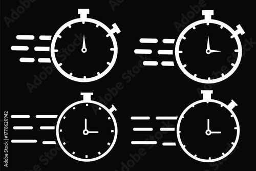 Fast response time clock vector symbol. quick, rush or faster work service Vector work time effect or delivery service time icon. Fast stopwatch icon with motion lines, representing speed,