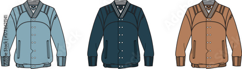Set of men's varsity jacket fashion flat technical sketches in multiple colorways. Apparel design template with front view for clothing