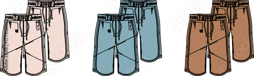 Collection of illustrated pants in light pink, blue, and brown hues, presented in a clean, simple, and modern graphic style
