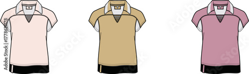 Three different colored polo shirts with black and white trim on collars and sleeves