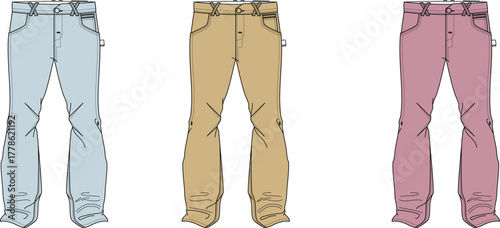 Set of three pairs of casual pants in different colors light blue, tan, and pink