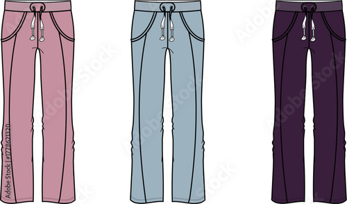 Fashionable Women's Track Pants in Pink, Blue, and Purple, Showcasing Drawstring Waist and Comfortable Fit