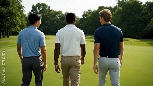 Three men in polo shirts walk on a golf course. Lush green fairways and trees surround.