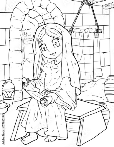 Priscilla Reading the Scriptures Scroll Coloring Page - New Testament Teacher