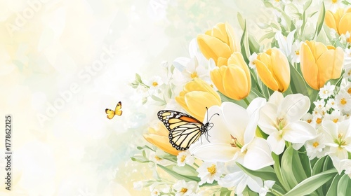 61.A close-up shot of yellow tulips and white lilies in a bouquet, with a butterfly gently resting on the petals, set against a soft green and yellow background, showcasing the refined elegance of