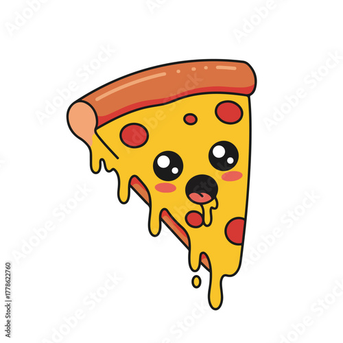 Cartoon pizza slice with a surprised face with melting cheese and red pepperoni toppings
