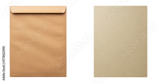Two blank brown manila paper envelopes or folders showing front and back texture side by side isolated on transparent background for correspondence mailing